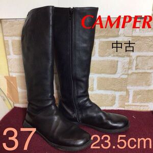 【売り切り!送料無料!】A-346 CAMPER!ロングブーツ!黒!ブラック!37 23.5cm位!サイドジップ!ぺたんこ!中古!