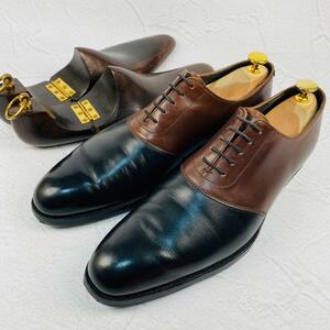 【美品】Crockett&Jones クロケットアンドジョーンズ サドルシューズ ハンドグレード 黒 茶 ブラック ブラウン 7 25.5cm レザーソール