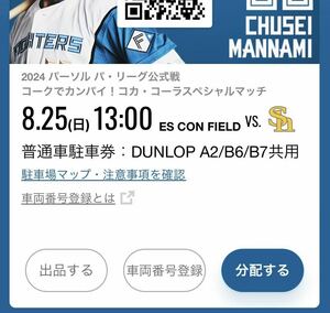 8/25(日) エスコンフィールド北海道　DUNLOP A2/B6/B7共用　普通車駐車券