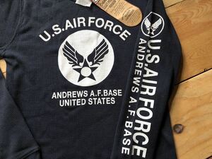 ワッフル地 ロンTアーミーステンシルUSエアフォースM米軍 空軍ミリタリーA.F.B ネイビー 紺 ワーク USAF アメカジ ガレージ タイトフィット