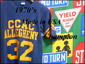 ★３列プリント★Made in USA製アメリカ製ChampionチャンピオンビンテージナンバリングプリントTシャツ70s70年代バータグネイビー紺色SMALL