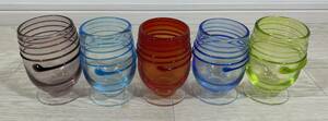 昭和レトロ・ガラスコップ　５色セット　手吹きグラス　和ガラス　グラス　骨董品　アンティーク品　ガラス工芸品
