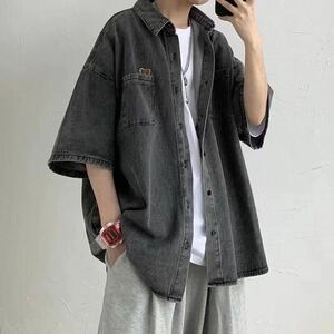 メンズ シャツ デニムシャツ アウター トップス 開襟シャツ 韓国風 半袖 夏服 ゆったり無地 シンプル カジュアルJCAS001(2色M-3XL)