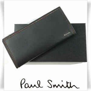 新品1円～★ポールスミス Paul Smith 箱付 羊革レザーL字ファスナー長財布 ストライプインセット 黒 ブラック プレゼントに♪ 本物◆3984◆