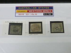 24　A　№1　旧豪州切手　1854年　クラシック　WESTERN AUSTRALIA　SC#1・5a・9　計3種　使用済　【2013年版SC評価 $2,750】