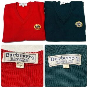 【J407】Burberrys バーバリー Vネック セーター メンズ 2着セット サイズ42 長袖 赤/深緑 レトロ 古着 ビンテージ 中古