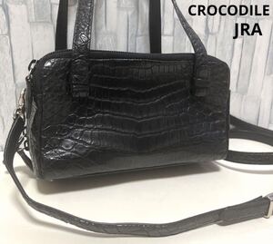 JRA CROCODILE クロコダイル ハンドバッグ ミニバッグ ショルダーバッグ 斜め掛け 2way マット ワニ革 ブラック 日本製 センター取り