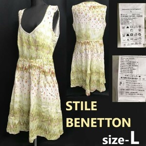 スタイルベネトン/STILE BENETTON★ノースリーブワンピース【レディースL/白×黄緑/white×yellow green/総柄】膝丈/Tops/dress◆SBH881