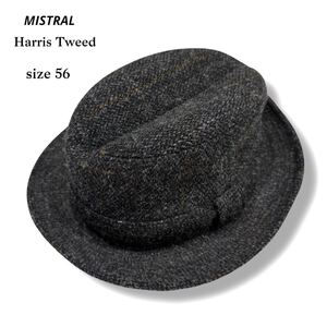 極美品 MISTRAL Harris Tweed ミストラル ハリスツイード 中折れ帽 ウール フランス製 ハット 帽子 グレー サイズ 56