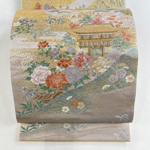 袋帯 美品 秀品 関西仕立て 京名所 八坂 風景 建物 刺繍 本金箔 灰紫 六通 正絹 【中古】