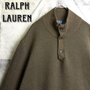 希少 美品 Polo by Ralph Lauren ポロバイラルフローレン ヘンリーネック シルキーウール ニットセーター オリーブ カーキ グリーン 緑 L