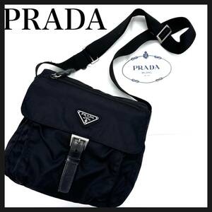 PRADA プラダ ショルダーバッグ テスート ナイロン 黒 ブラック 斜め掛け レザー ベルト トライアングル ロゴ
