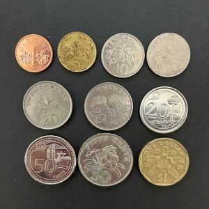 シンガポール硬貨10枚:1、5、10、10、20、20、20、50、50セント、1ドル　1991,1995年など