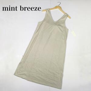 未使用 mint breeze ジャンバースカート 膝丈ワンピース ベージュ M スエード Vネック ミントブリーズ リボン ノースリーブ 袖なし 