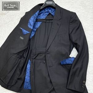 【極美品Lサイズ!!!】Paul Smith LONDON ポールスミス シルク セットアップ スーツ 黒 ストライプ ビジネス 裏地ブルー 総柄 メンズ 2B