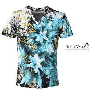 9#bv07-gr BLACK VARIA 百合花 リングチェーン柄 プレミアム Vネック 半袖Tシャツ メンズ(グリーン緑) LL 日本製 吸水速乾＆2wayストレッチ