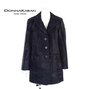 A5546/美品 秋冬 DKNY ダナキャラン DONNA KARAN 光沢 ハラコ 本革 レザー ハーフ 膝丈 チェスターコート M程 黒/レディース ジャケット