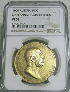 【適正価格]　オーストリア　100コロナ　金貨　フランツ・ヨーゼフ　雲上の女神　1908年 NGC PF58