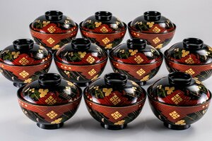 【うつわ】 再城作 正法寺蒔絵 吸物碗 10客 共箱 E406 和食器 古美術 骨董 古玩 陶芸 日本料理 懐石 料亭 茶道具