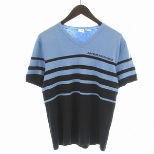 アルマーニエクスチェンジ A/X ARMANI EXCHANGE ニット カットソー 半袖 Vネック ボーダー ロゴ L 水色 チャコールグレー