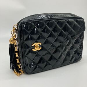 美品 CHANEL シャネル エナメル パテントレザー ビジューチェーン チェーンショルダーバッグ ココマーク マトラッセ ブラック