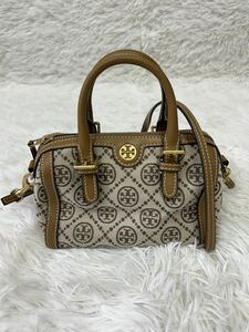 【TORY BURCH/Tモノグラム/ミニバレルバッグ/ハンドバッグ/クロスボディ/ショルダー/ジャカード/美品/浦R】