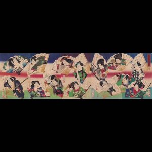 hana_desu15 真作 国周「歌舞伎俳優合気 五枚続」慶応元年(1865)本物 浮世絵 木版画 大判 錦絵 役者絵 扇子 kunichika ukiyoe