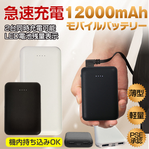 送料無料 モバイルバッテリー 大容量 軽量 小型 薄型 12000mAh 急速充電 携帯 スマホ USB 出力ポート 2台同時 残量表示 災害 防災 mb137-bk