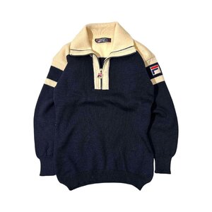 イタリア製◆希少!!レア 70s 80s ビンテージ◆FILA フィラ ハーフジップ 長袖 ウールニット セーター サイズ USA34/古着 スポーツ 男女でも