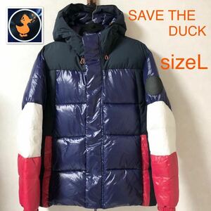 ■美品■SAVE THE DUCK ウルトラライトジャケット　中綿　フーディ　100% ANIMAL FREE sizeL トリコロールカラー