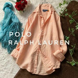 ポロラルフローレン　ストライプリネン長袖シャツ　ブラウス　オレンジ白　ロゴ刺繍　レディース　L相当　POLO RALPH LAUREN