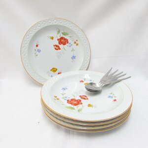 【1円～】Kaito FINE CHINA 銘々皿 5枚 スプーン 5本 セット プレート 花柄 洋食器 USED /2402D