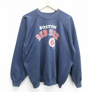 XL/古着 長袖 スウェット メンズ 80s MLB ボストンレッドソックス ラグラン クルーネック 紺 ネイビー メジャーリーグ ベースボール 野