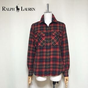 【RALPH LAUREN】ラルフローレン 洗える レザー エルボーパッチ チェック柄 ネルシャツ 9号/Mサイズ相当 レッド系 レディース トップス 