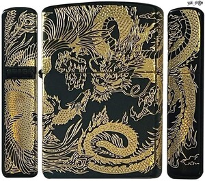 ZIPPO ジッポー ライター 和柄 鳳凰/龍 シンプル ブラック/ゴールド アンティーク 和柄 和風 NIHON NIPPON 日本風