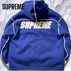 希少XL!!! SUPREME フェイクムートン シアリングフーデッドジャケット 背面ロゴ ボア ブルゾン アウター デカロゴ シュプリーム メンズ LL