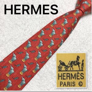 HERMES エルメス　ネクタイ　サーカスのゾウ　象　ネズミ　総柄　シルク100% フランス製　レッド　ビジネス