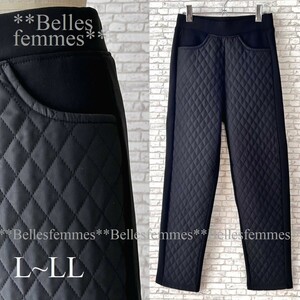 ★Belles*★送料185円★新品L～LL★キルティング切替*美脚暖かパンツ*裏起毛ストレッチ*ストレートパンツ*108ブラック*ポケット付*レギンス