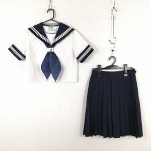 1円 セーラー服 スカート スカーフ 上下3点セット 夏物 白3本線 女子 学生服 中学 高校 白 制服 中古 ランクC EY8473