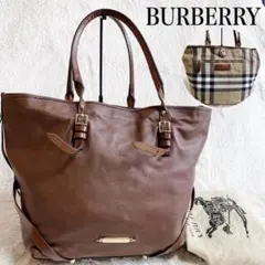 希少 BURBERRY ロゴプレート オールレザー 船形 トートバッグ チェック