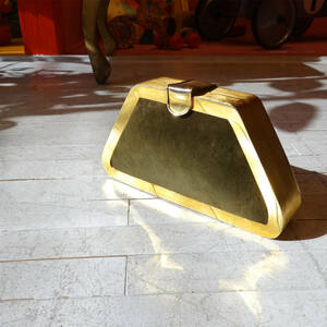 ★60s Vintage khaki velvet × gold flame clutch bag