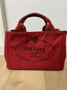 【中古美品】【送料無料】プラダ PRADA カナパ ミニ ハンドバッグ トライアングル 三角ロゴ キャンバス レッドBN2439