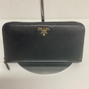 営HM070-60◆ PRADA／プラダ　ブラック×ゴールド ラウンドファスナー 長財布