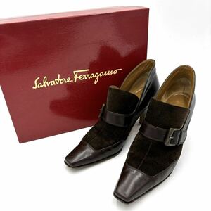 ＊ 箱付き 伊製 高級婦人靴 Salvatore Ferragamo サルヴァトーレフェラガモ 本革 レザー切り替え ヒール パンプス / ブーティー 8C 25cm