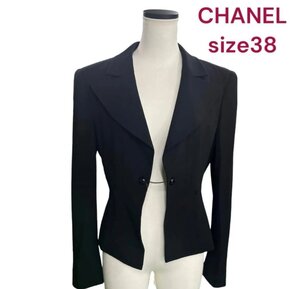 美品　シャネル　美形　ウール　ジャケット　38 黒/CHANEL ブラック　M、9号 M4J151 ウール100％ かっこいい モード系 綺麗