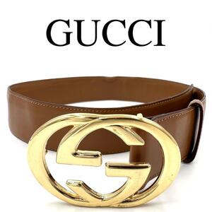 GUCCI グッチ ベルト インターロッキング ロゴバックル ブラウン系 レザー