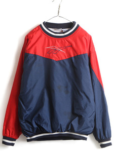 90s 希少サイズ S ■ リーボック 中綿入 プルオーバー ナイロン ジャケット ( メンズ ) 古着 90年代 ブルゾン Reebok 赤 紺 ビッグロゴ刺繍