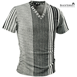 9#203303-bk BLACK VARIA ジャガード アシメ配色ストライプ 半袖 Vネック Tシャツ メンズ(ホワイト白ブラック黒) XL スリム 日本製 きれい