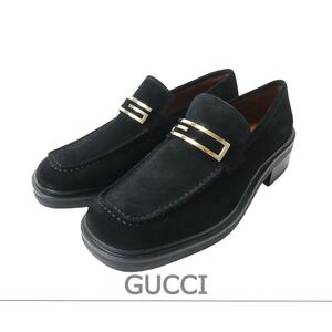 美品 GUCCI グッチ 37C 約24㎝ スエード Gバックル スクエアトゥ ローファー 革靴 黒 ブラック