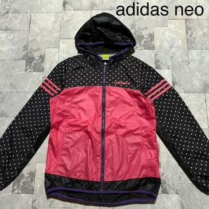 adidas neo アディダスネオ ナイロンジャケット フード ジップアップジャンパー ドット ピンク レディース サイズL 玉FS1520